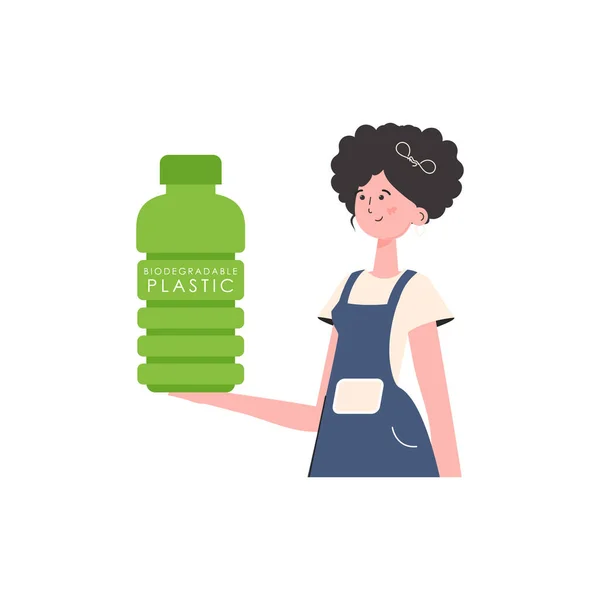 Woman Holds Bottle Made Biodegradable Plastic Her Hands Concept Green — Image vectorielle