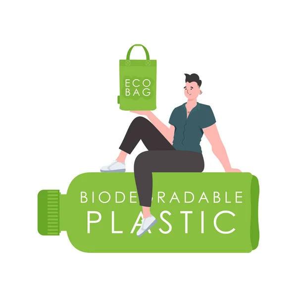 Mężczyzna Siedzi Butelce Biodegradowalnego Tworzywa Sztucznego Trzyma Rękach Torebkę Eco — Wektor stockowy