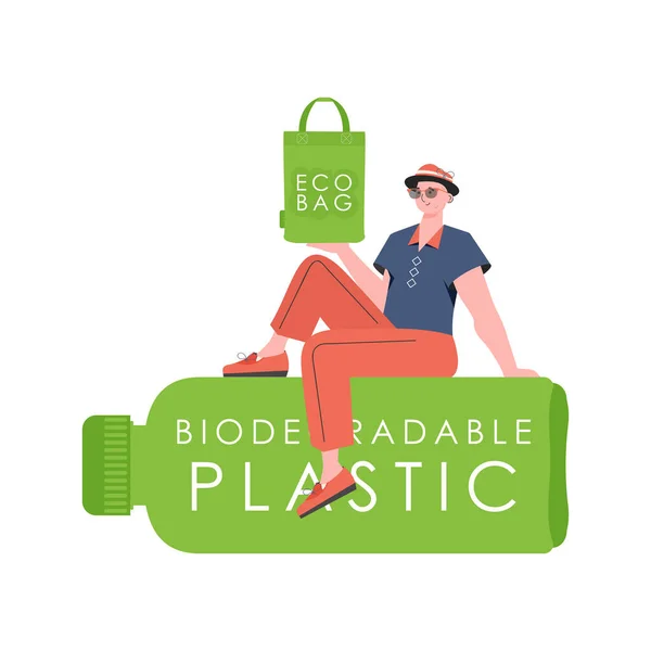 Man Sits Bottle Made Biodegradable Plastic Holds Eco Bag His — Stock vektor