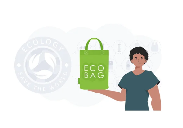 Concept Ecology Care Environment Guy Holding Eco Bag His Hands — стоковый вектор