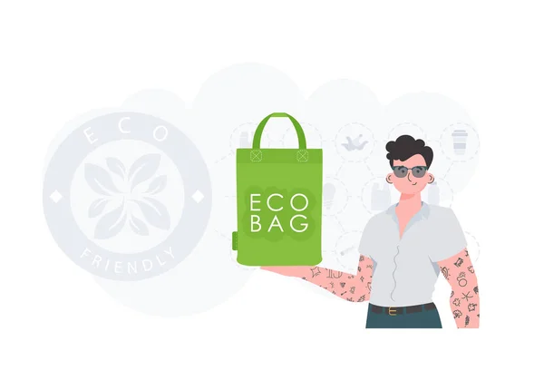 Concept Green World Ecology Man Holds Eco Bag His Hands — Stock Vector