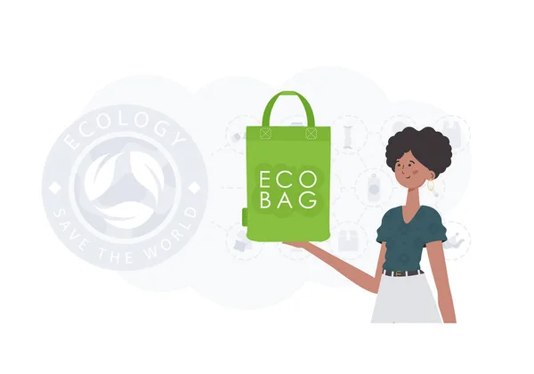 Concept Green World Ecology Woman Holds Eco Bag Her Hands — Archivo Imágenes Vectoriales
