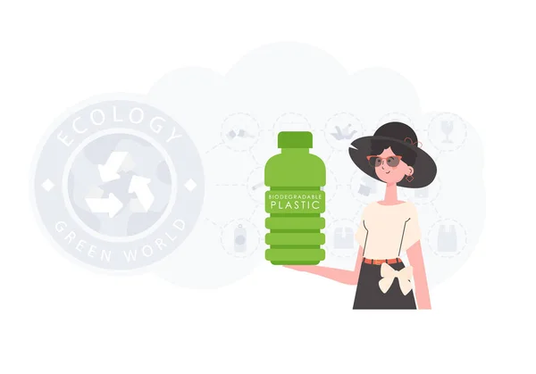 Concept Green World Ecology Woman Holds Bottle Made Biodegradable Plastic — Vettoriale Stock