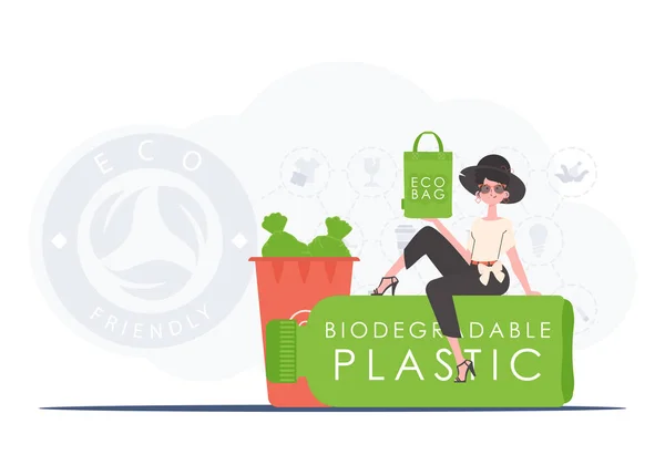 Concept Ecology Care Environment Girl Sits Bottle Biodegradable Plastic Holds — Διανυσματικό Αρχείο