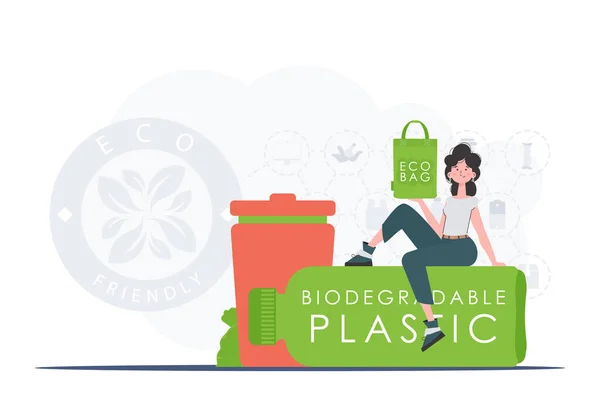 Concept Green World Ecology Woman Sits Bottle Made Biodegradable Plastic — Stock vektor