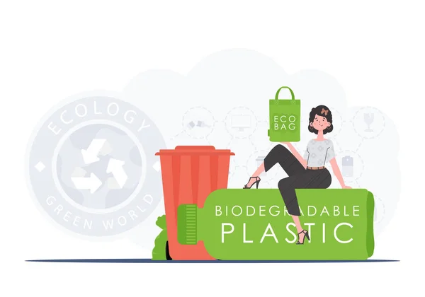 Concept Ecology Care Environment Woman Sits Bottle Made Biodegradable Plastic — Archivo Imágenes Vectoriales