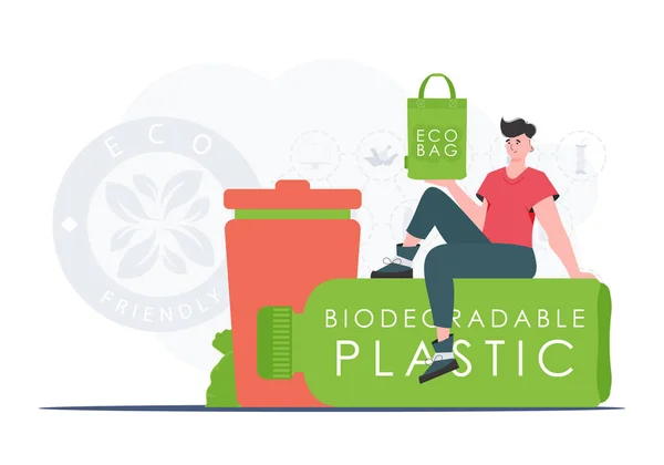 Concept Green World Ecology Guy Sits Bottle Made Biodegradable Plastic — Διανυσματικό Αρχείο