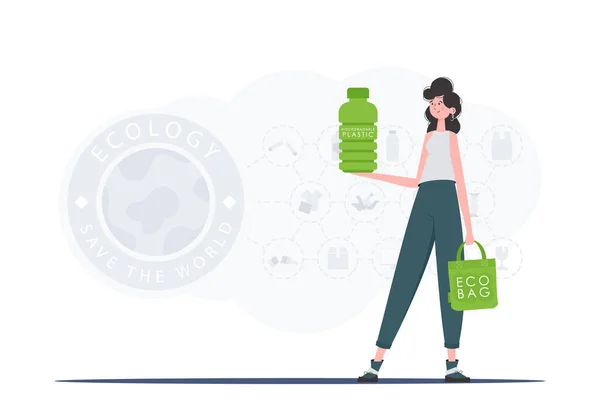 Concept Ecology Care Environment Woman Holds Bottle Made Biodegradable Plastic — Stockvector