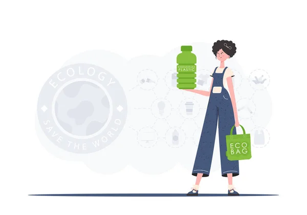 Concept Ecology Care Environment Woman Holds Bottle Made Biodegradable Plastic — Stockvector