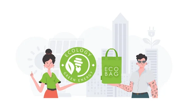 Concept Ecology Care Environment Eco People Cartoon Trendy Style Vector — Stockvector