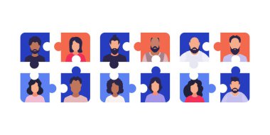 Yapboz kolajındaki insanlar. Vektör illüstrasyonu.