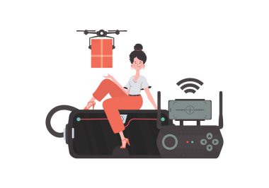 The concept of cargo delivery by air. A woman controls a quadcopter with a parcel. Isolated on white background. Flat modern design. Vector.