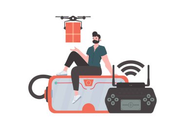 The concept of cargo delivery by air. A man controls a quadcopter with a package. Isolated on white background. Flat modern design. Vector.