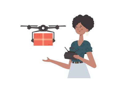 Delivery theme. A woman controls a drone with a parcel. Isolated on white background. Vector.