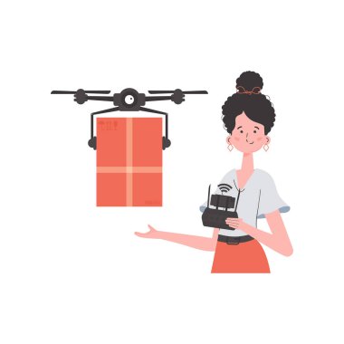 Delivery theme. A woman controls a drone with a parcel. Isolated on white background. Flat modern design. Vector.