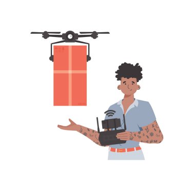 The theme of cargo delivery by air. A man controls a drone with a package. Isolated on white background. trendy style. Vector illustration.
