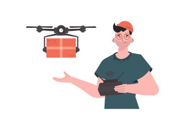 The theme of cargo delivery by air. A man controls a drone with a package. Isolated on white background. Vector.