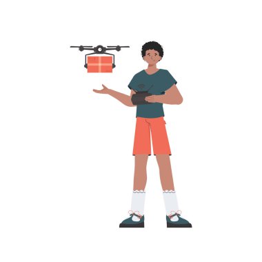The concept of cargo delivery by air. A man controls a drone with a package. Isolated on white background. Vector illustration.
