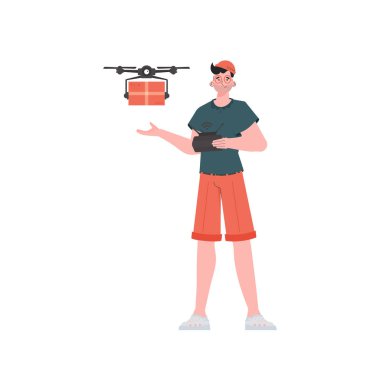 The concept of cargo delivery by air. A man controls a drone with a package. Isolated on white background. Vector.