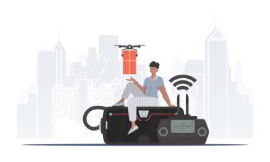 A man controls a drone with a package. Delivery theme. Vector.