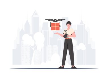 A man controls a drone with a package. Delivery theme. Flat modern design. Vector.