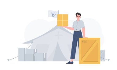 The man is holding a box. The concept of humanitarian aid. Vector illustration.