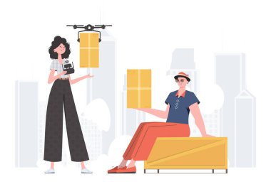 The concept of cargo delivery. The drone is transporting the parcel. Man and woman with cardboard boxes. Flat modern design. Vector.