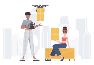 Delivery theme. The drone is transporting the parcel. Man and woman with cardboard boxes. Flat modern design. Vector.