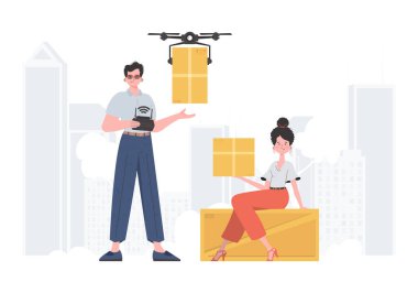 Delivery theme. The quadcopter is transporting the parcel. Man and woman with cardboard boxes. Vector illustration.