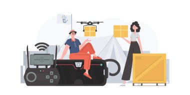 Humanitarian aid concept. The drone is transporting the parcel. Man and woman with cardboard boxes. Flat modern design. Vector.