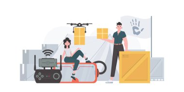 Humanitarian aid concept. The quadcopter is transporting the parcel. Man and woman with cardboard boxes. Vector illustration.