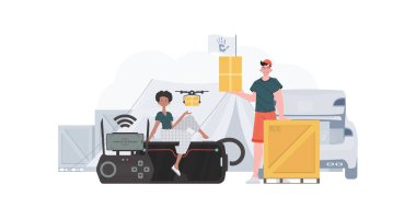 The theme of humanitarian aid. The drone is transporting the parcel. Man and woman with cardboard boxes. Vector.