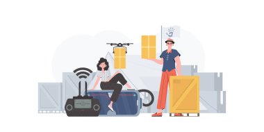 The theme of humanitarian aid. The quadcopter is transporting the parcel. Man and woman with cardboard boxes. trendy style. Vector illustration.