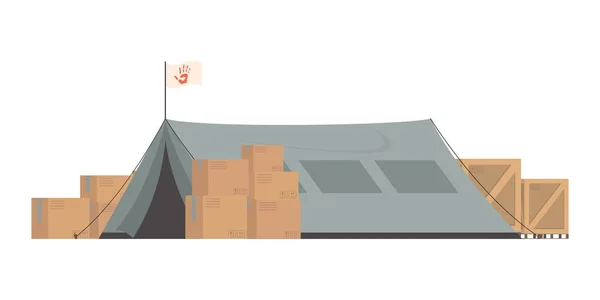 Large Dark Green Tent Boxes Camp Element Humanitarian Aid Isolated — Stok Vektör