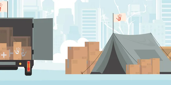 Camp Humanitarian Aid Tents Boxes Pallets Vector Illustration — ストックベクタ