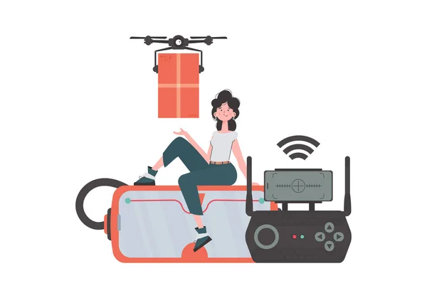 Concept Cargo Delivery Air Woman Controls Quadcopter Parcel Isolated Trendy — Stockvector
