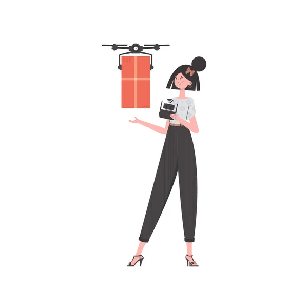 Concept Cargo Delivery Air Woman Controls Drone Parcel Isolated White — 图库矢量图片