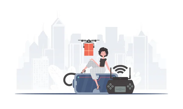 Woman Controls Drone Parcel Concept Cargo Delivery Air Vector Illustration — 图库矢量图片