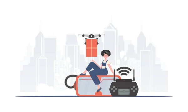 Woman Controls Quadcopter Parcel Delivery Concept Flat Modern Design Vector — Vettoriale Stock