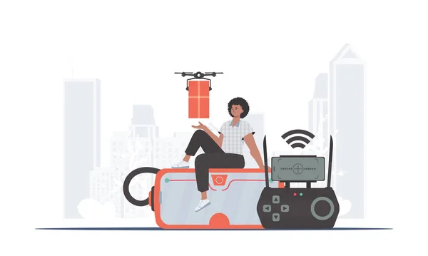 Man Controls Drone Package Delivery Theme Vector Illustration — 图库矢量图片