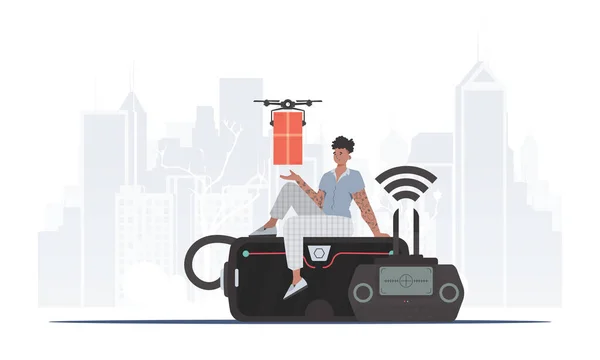 Man Controls Drone Package Delivery Theme Vector — Image vectorielle