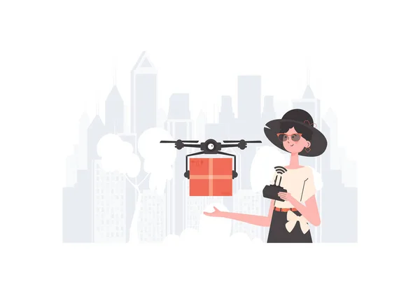 Woman Controls Quadcopter Parcel Concept Cargo Delivery Air Vector — Wektor stockowy