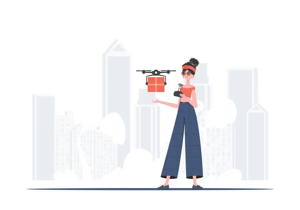 Woman Controls Drone Parcel Delivery Theme Vector Illustration — 图库矢量图片