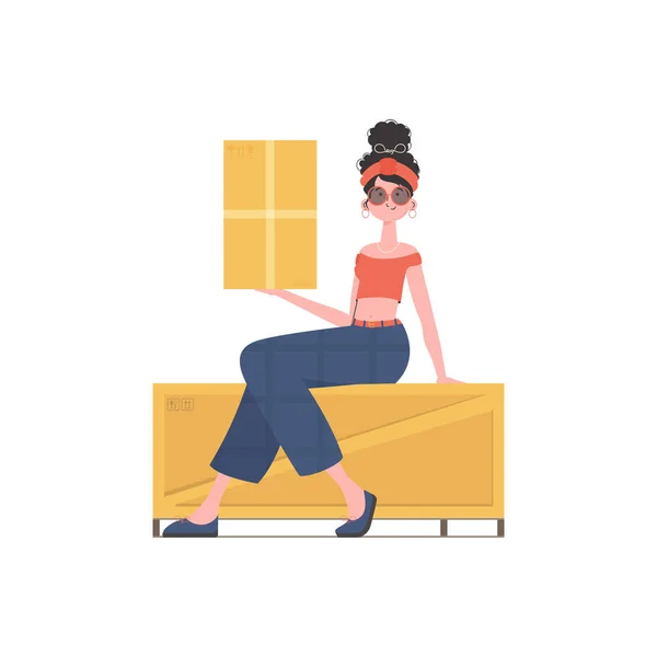 Woman Sitting Holding Parcel Delivery Concept Isolated White Background Flat — 스톡 벡터