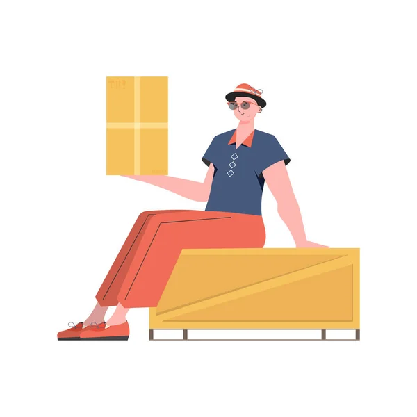 Man Sitting Holding Parcel Delivery Concept Isolated Vector — Vetor de Stock