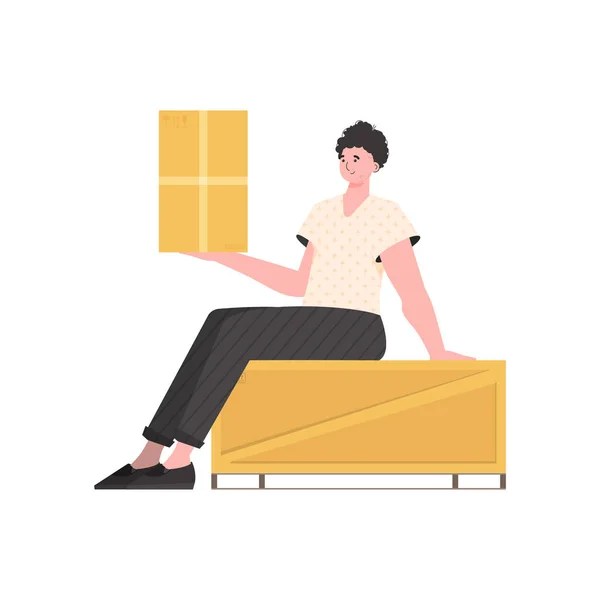 Man Sitting Holding Parcel Delivery Concept Isolated Trendy Style Vector — Vetor de Stock