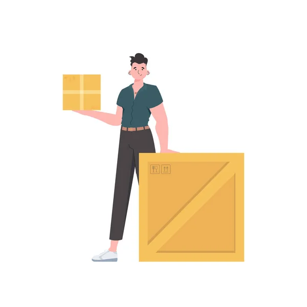 Man Stands Holds Parcel Delivery Concept Isolated Trendy Style Vector — Image vectorielle