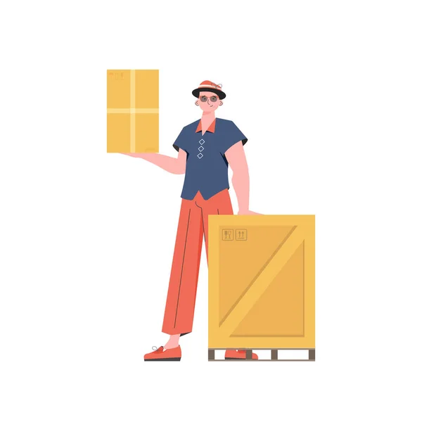 Man Stands Holds Parcel Delivery Concept Isolated White Background Flat — Vettoriale Stock