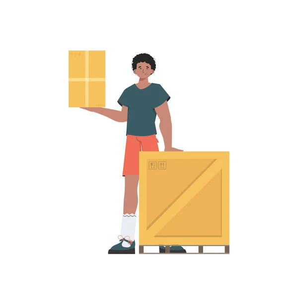Man Stands Holds Parcel Delivery Concept Isolated White Background Trendy — Image vectorielle