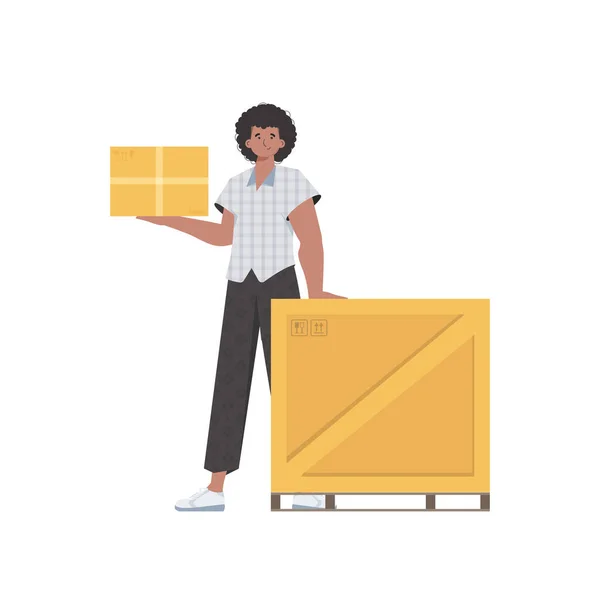 Man Stands Holds Parcel Delivery Concept Isolated Vector Illustration — Stockvektor